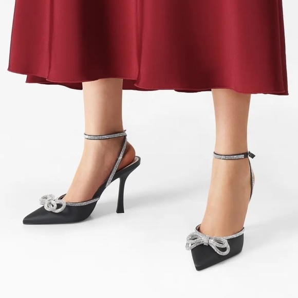 Nwob Rhinestone Bow Pointy Toe Satin Heels Black Silver Size 10 - Picture 15 of 16